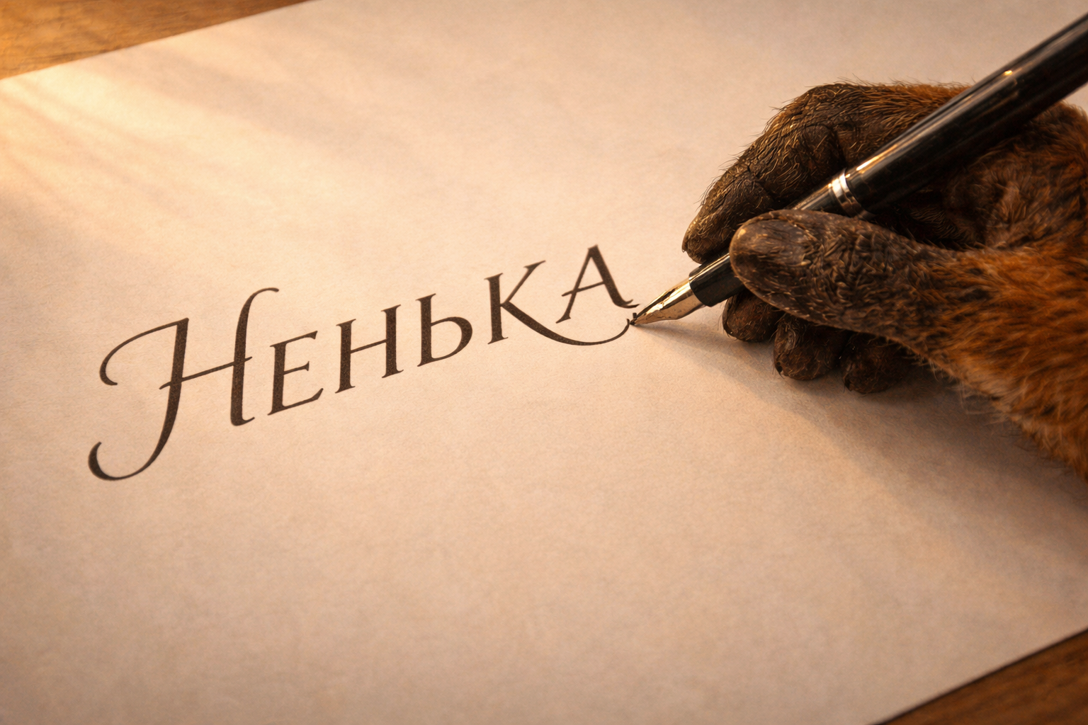 A fox paw writing Ненька in Ukrainian calligraphy — the diminutive-tender word for motherland